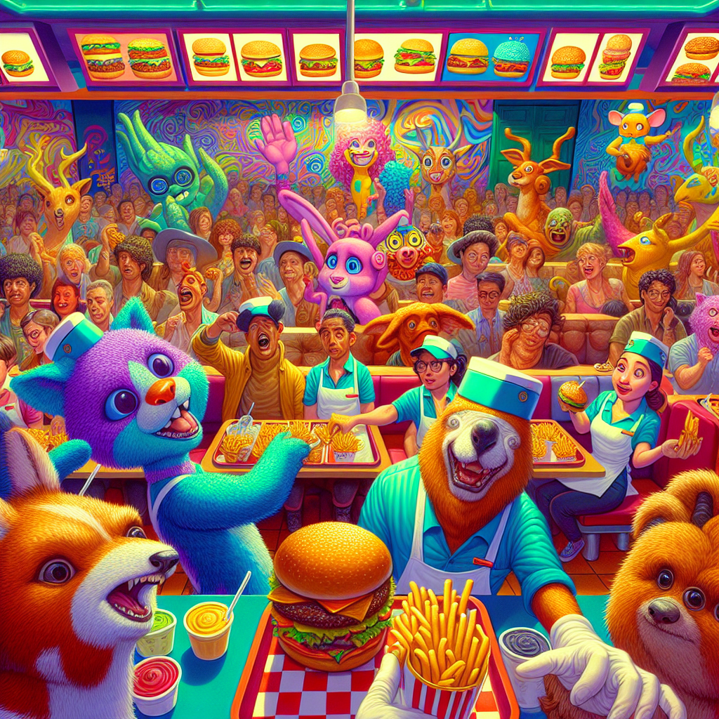 Fast food restaurant scene with animated characters serving food